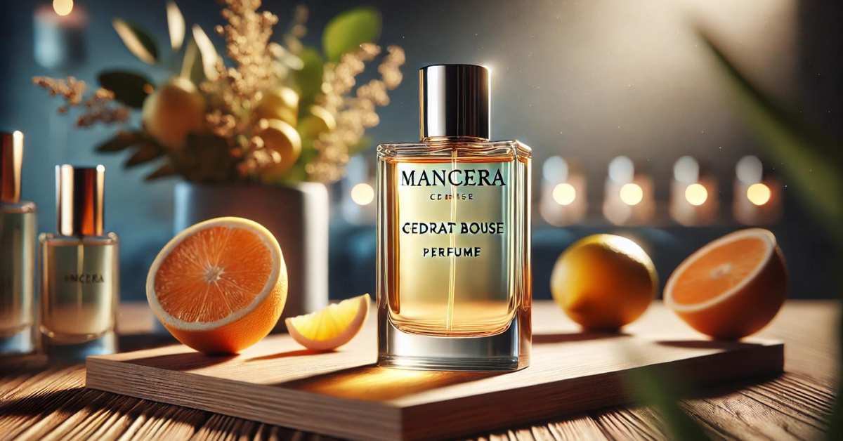 Elegant bottle of Mancera Cedrat Boise perfume on a wooden surface with a soft, luxurious backdrop featuring subtle citrus and fruity elements.