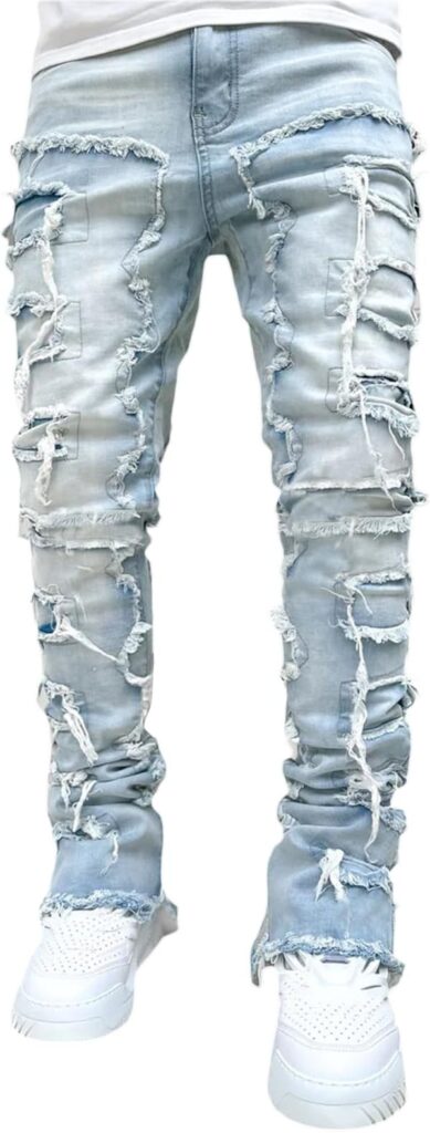 Mens Stacked Jeans Slim Fit Ripped Skinny Stretch Jeans Distressed Straight Denim Pants Hip Hop Trousers Streetwear