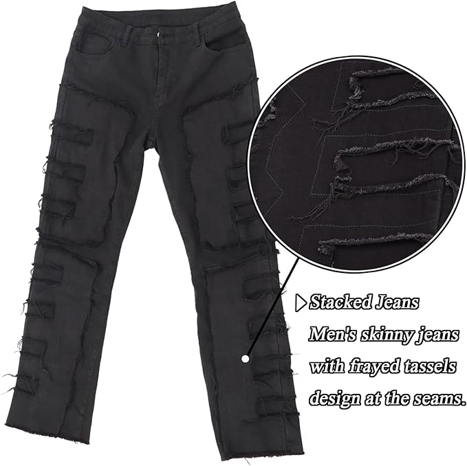 Stacked Jeans Men Skinny Ripped Jeans Slim Fit Patchwork Denim Pants Y2K Goth Harajuku Emo Hip Hop Jeans Trouser