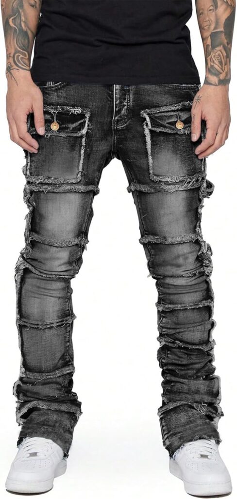 Stretch Stacked Jeans Mens Slim Fit Ripped Cargo Jeans Distressed Straight Leg Hip Hop Trousers with Pockets