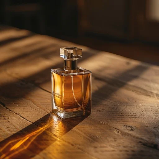 In the soft, golden light of the afternoon, an elegant perfume bottle stands gracefully on a well-polished wooden table. The sunlight filters through the clear glass, highlighting the rich amber color of the liquid inside and casting a long, intricate shadow on the wood. This scene captures a moment of stillness and beauty, evoking a sense of tranquility and luxury that is palpable in the air.