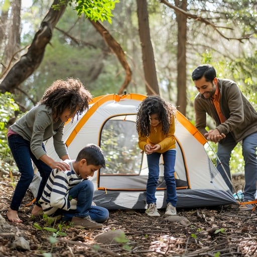 A family works together to set up a tent among trees for a fun camping adventure.