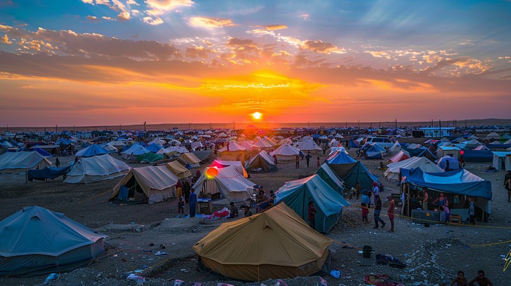 A breathtaking sunset illuminates a sprawling refugee camp, casting warm hues over the numerous shelters.