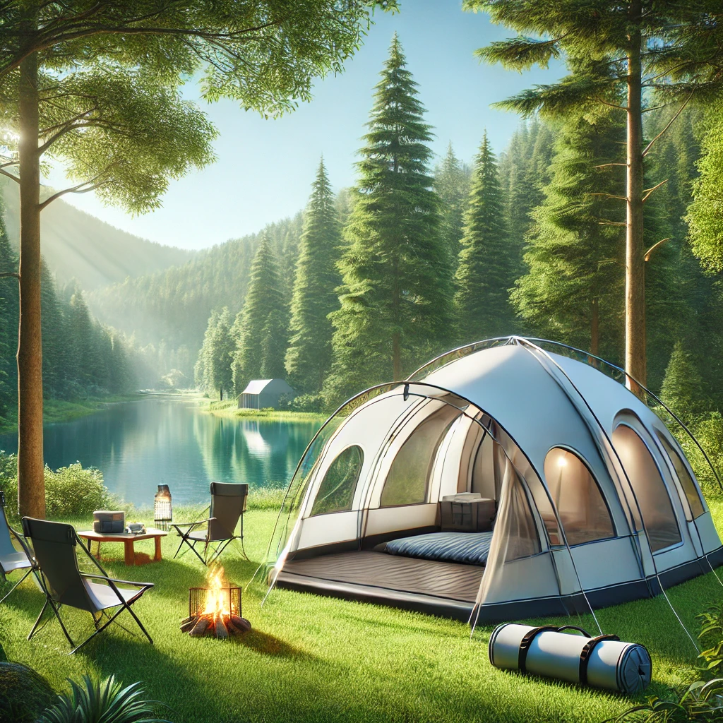 Modern air tent set up in a lush green forest near a serene lake, with camping gear like chairs and a campfire, under a bright blue sky on a sunny day.