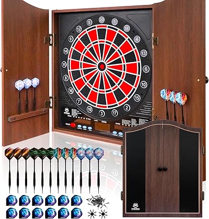 Electronic Dart Board LED Electric Digital Scoreboard Dart Boards for Adults with MDF Cabinet, up to 8 Players, 34 Games,355 Variations - 12 Soft Tip Darts & 100 Replacement tips - Great for Game Room