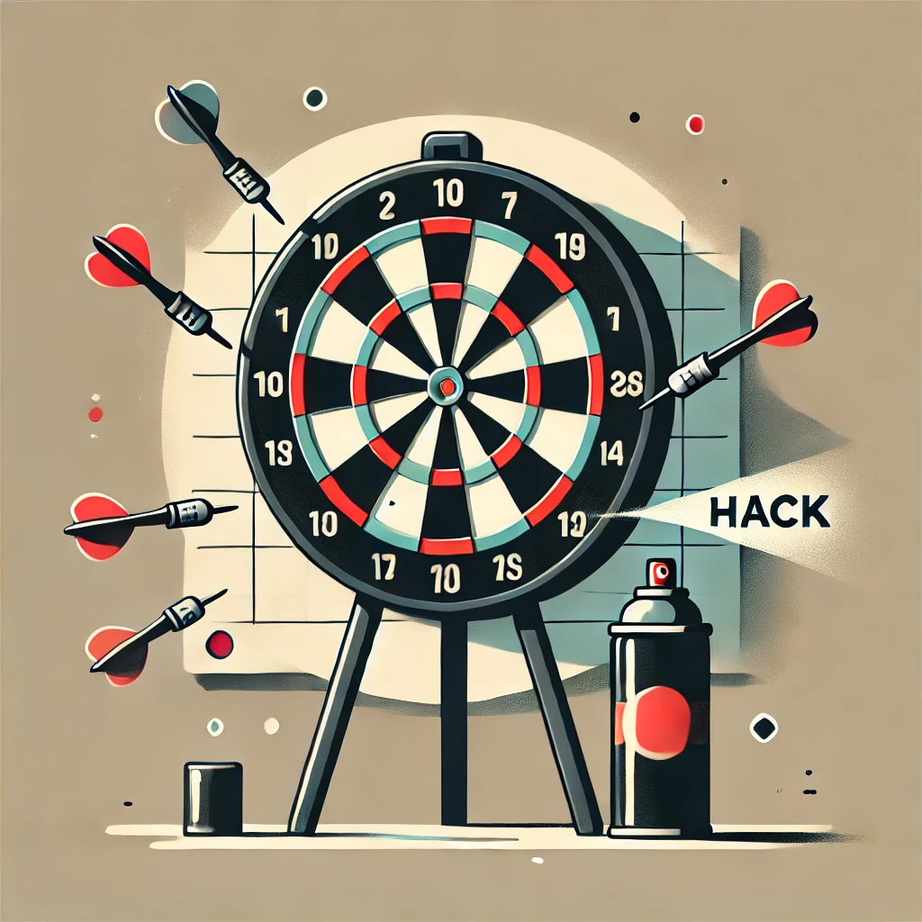 Minimalistic illustration of an electronic dartboard with darts sticking into it, accompanied by a spray can, symbolizing improved performance through a silicone spray hack.