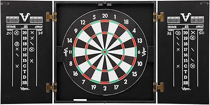 Viper Hideaway Cabinet & Steel-Tip Dartboard Ready-to-Play Bundle, Reversible Standard and Baseball Game Options with Two Sets of Steel-Tip Darts and Chalk Scoreboards, Black Matte Finish