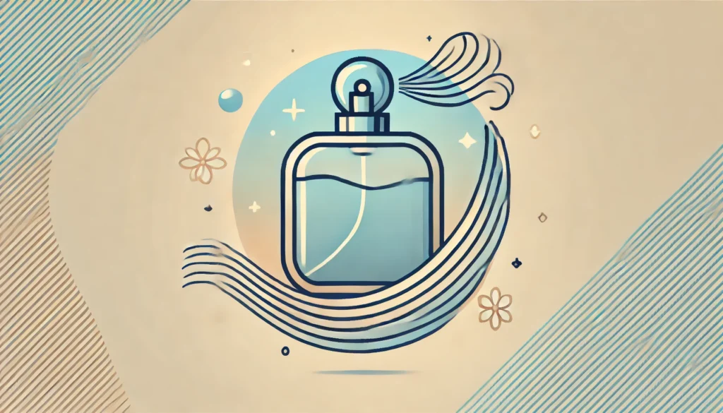 Minimalistic flat design illustration of a perfume bottle with fragrance waves, symbolizing the long-lasting scent of Mancera Cedrat Boise Eau de Parfum, set against a soft gradient background.