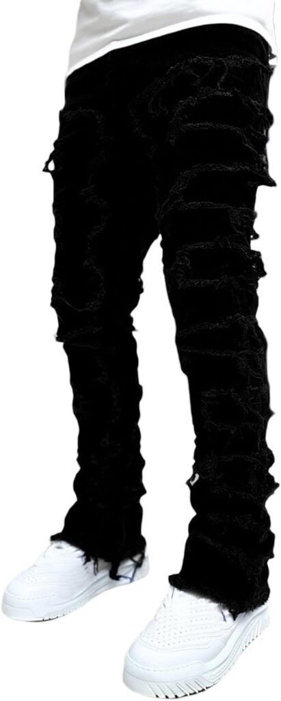 Giraropa Mens Black Stacked Jeans Slim Fit Ripped Jeans Destroyed Straight Denim Pants Harajuku Hip Hop Trouser Streetwear