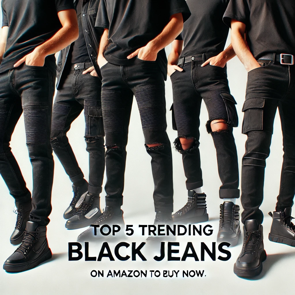 Top 5 Trending Black Stacked Jeans on Amazon in an urban streetwear style, showcasing ripped, distressed, and tapered black jeans with stacked ankle details